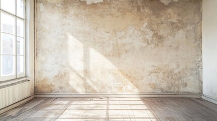 Interior of a room with a bare wall after wallpaper removal, showcasing a worn and textured backdrop with natural light casting shadows on the floor, highlighting the grunge aesthetic.