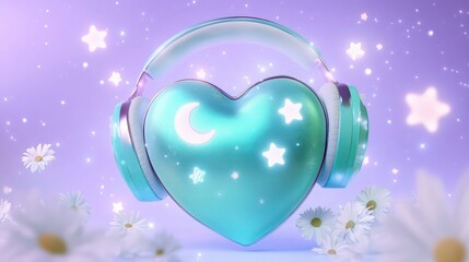 Fototapeta premium Dreamy teal heart-shaped headphones glowing with moon and stars over a soft lavender background suits romantic music or self-care promotions.
