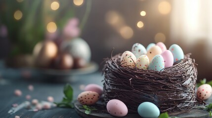 Chocolate Easter cake adorned with a nest of colorful edible eggs on top, surrounded by beautifully hand-painted eggs, set against a softly blurred background.