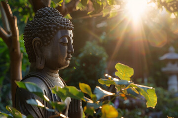 Greeting card with ancient statue great Buddha on holiday composition
