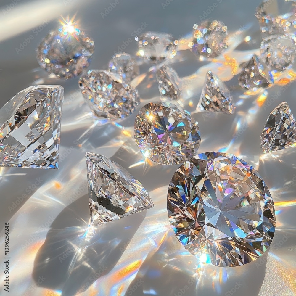 Poster sparkling diamonds with various cuts displayed on a reflective surface