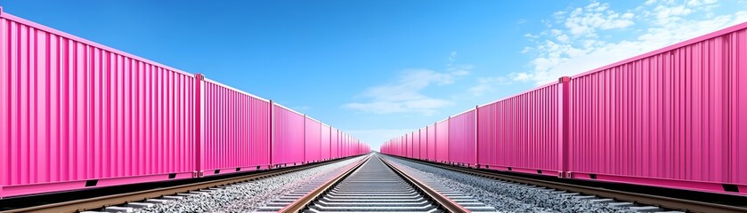 Obraz premium Vibrant Pink Cargo Containers Aligned on Railway Tracks Under Bright Blue Sky
