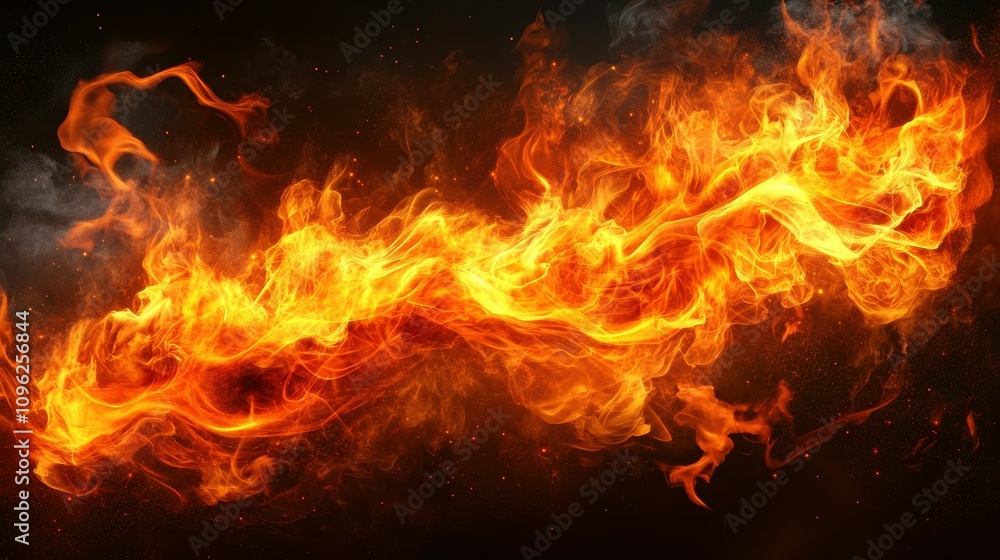 Poster bright orange and yellow flames twist and curl elegantly against a dark background, showcasing the f
