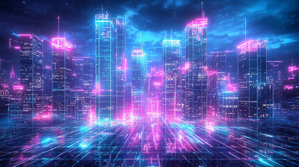 Neon cityscape with blue and pink glowing lines..