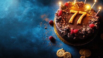 Chocolate birthday cake featuring number seventy-seven made of cookies, decorated with fresh berries and glowing candles, set against a blue backdrop with space for text.