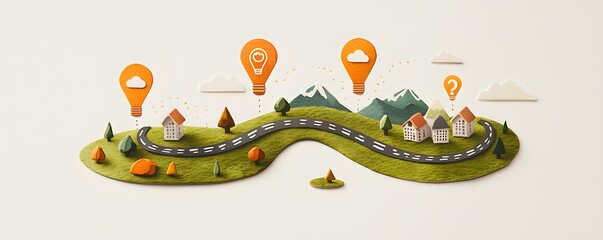 Strategic Roadmap Illustrating Goals for Future Planning with Colorful Icons and Scenic Landscape