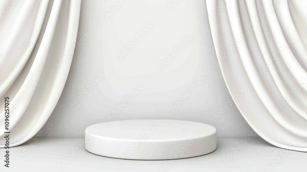 Poster minimalist display stage with white curtains studio setting photography perspective art concept