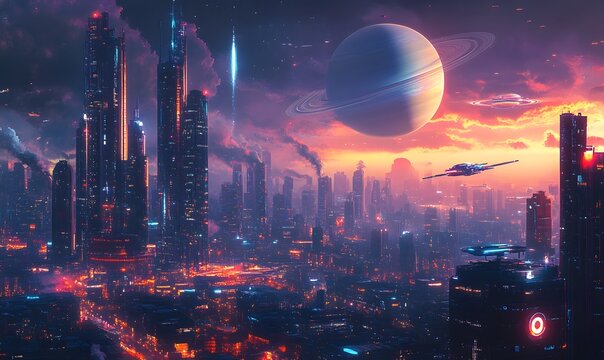 Futuristic Cityscape with Saturn, A high-tech city with sleek, neon-lit buildings and flying vehicle