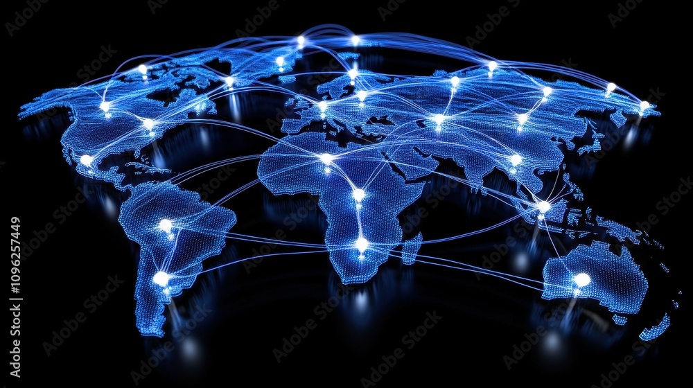 Poster an intricate map of the world is shown with glowing nodes and lines, symbolizing global connections 