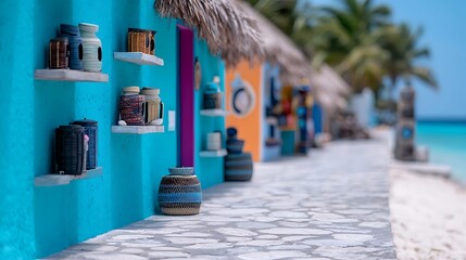Vibrant Coastal Pathway with Colorful Pottery and Palm Trees in the Background, Inviting Beachside Atmosphere with Tranquil Ocean View