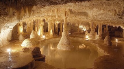 Cave interior showcasing intricate stalactites and stalagmites illuminated by soft lighting, with a serene water pool reflecting the unique rock formations.