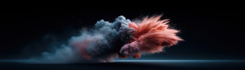 A vibrant explosion of colored dust and smoke creates a dynamic visual effect against a dark background.
