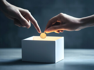 Two hands are placing a coin into a glowing box, symbolizing donation or investment, against a softly lit background.