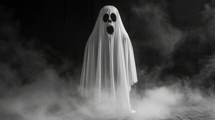 A mysterious figure shrouded in a white ghostly garment stands in a foggy environment, resembling a Halloween theme. The face features dark eyes and a gaping mouth, adding to the eerie effect
