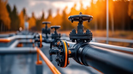 Industrial pipeline with black and orange valves under a warm sunset glow, surrounded by autumn trees in a rural landscape, showcasing modern engineering and nature.