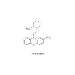 Thioridazine flat skeletal molecular structure Antipsychotic drug used in schizophrenia treatment. Vector illustration scientific diagram.