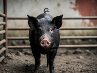 A black pig stands in a muddy pen and looks directly at the camera.