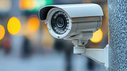 A security camera is mounted on a wall and captures activities in a busy urban area. The blurred background suggests evening time, with soft lights illuminating the scene