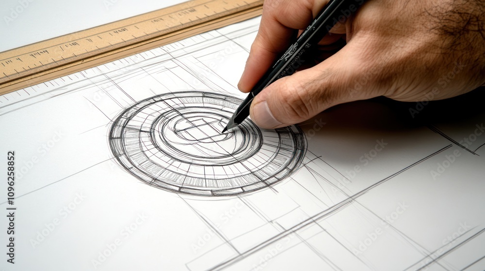 Poster a hand sketches a circular design on architectural blueprint paper.