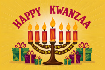 HAPPY KWANZAA Design with Glowing Kinara, Festive Candles, Gifts, and African Patterns