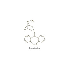 Tropatepine flat skeletal molecular structure Antimuscarinic drug used in Parkinson's disease, muscle relaxation treatment. Vector illustration scientific diagram.