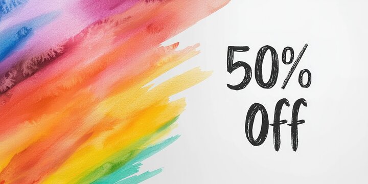 A vibrant watercolor background with a bold "50% Off" text, indicating a promotional discount.