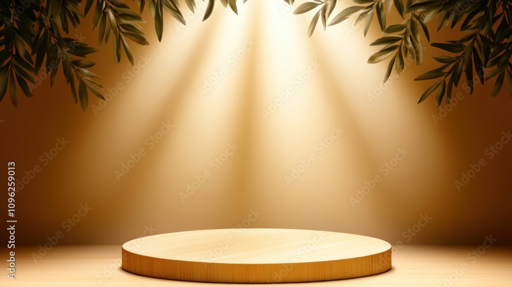 Poster illuminated wooden platform surrounded by leaves studio setup minimalist theme