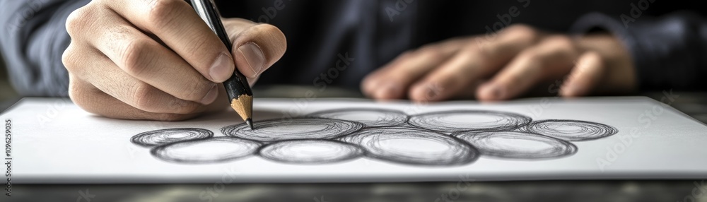 Poster a hand sketches circular patterns on paper with a pencil, showcasing artistic creativity.