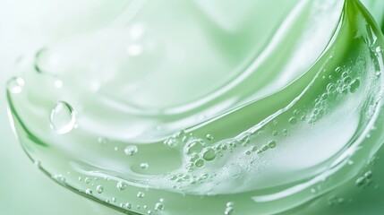 Abstract green aloe vera gel texture highlighting bubbles and a smooth surface, perfect for cosmetic backgrounds featuring skincare products like serums and moisturizers.