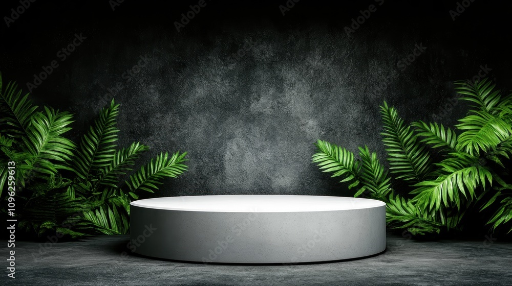 Poster modern display stage surrounded by lush greenery in an urban studio environment