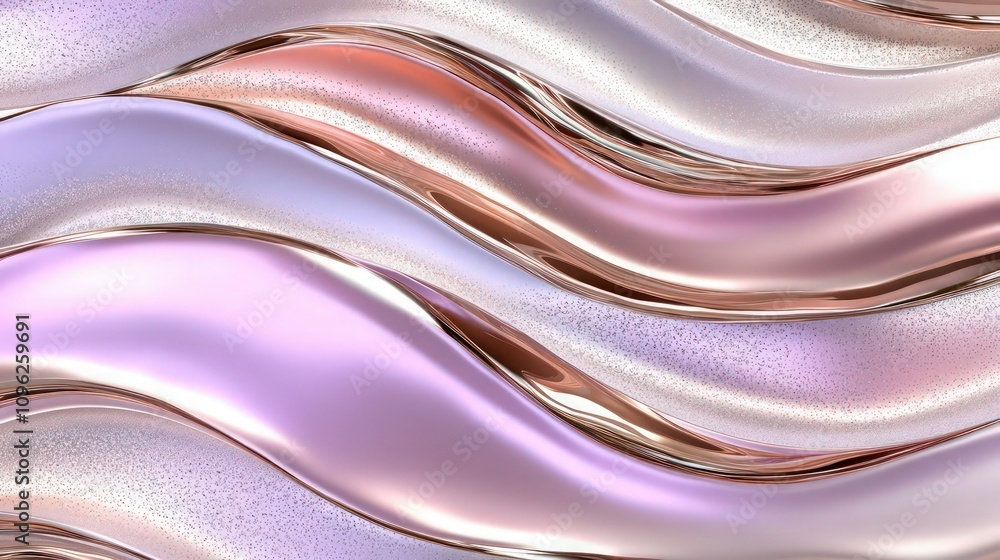 Poster an abstract metallic design with a vibrant gradient of rose gold and lavender hues, flowing in smoot