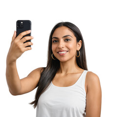 A Latin woman takes a selfie with her phone on a transparent background PNG 