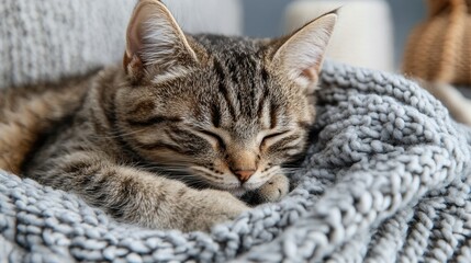 A small, striped kitten lies curled up on a soft, gray knitted blanket, enjoying a peaceful nap in a cozy indoor environment, illuminated by natural light