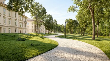 Obraz premium Serene Pathway Through Lush Greenery in a Peaceful Urban Park Setting