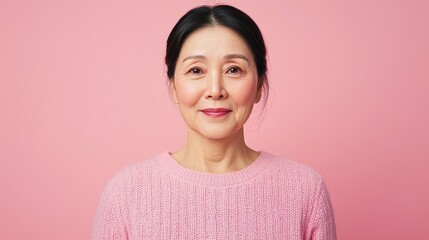 Fototapeta premium A woman with long, dark hair tied back is smiling warmly. She wears a cozy pink sweater that stands out against the soft pink background, radiating positivity and grace