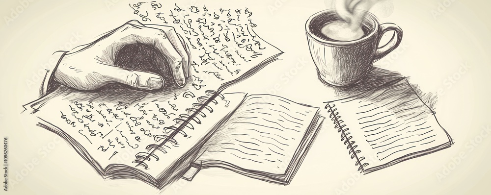 Poster a hand writing in a notebook beside a cup of steaming coffee and another open notebook.
