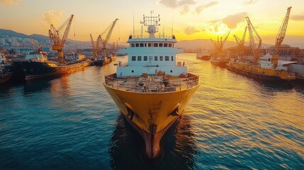 Golden Hour at the Harbor: A Cargo Ship at Sunset