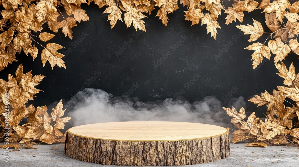Poster nature-themed stage setup with autumn leaves studio environment artistic display