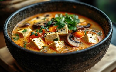 Aromatic and Savory Tofu Coconut Curry Soup: A Culinary Delight in a Dark Bowl
