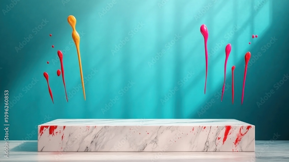 Poster creative paint splashes on marble surface art studio photography colorful setting abstract concept
