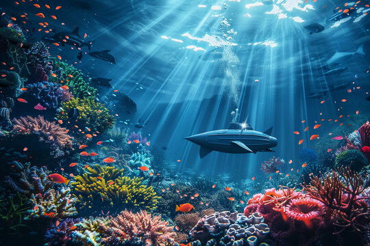 Beautiful large bathyscaphe floating in middle of ocean during exploration