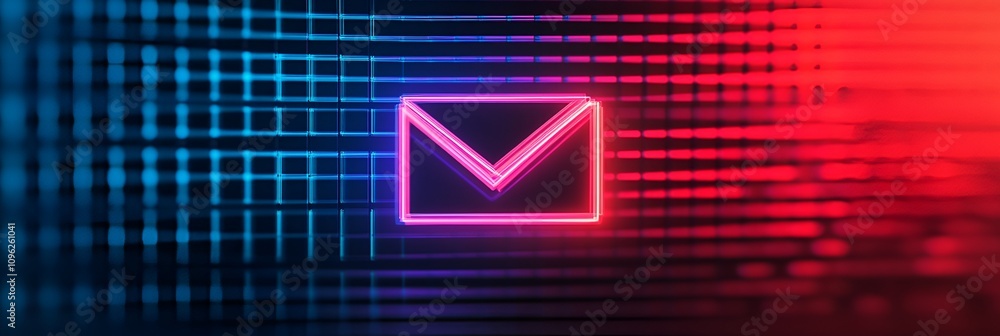 Poster a vibrant digital graphic featuring a glowing envelope icon against a backdrop of blue and red grid 