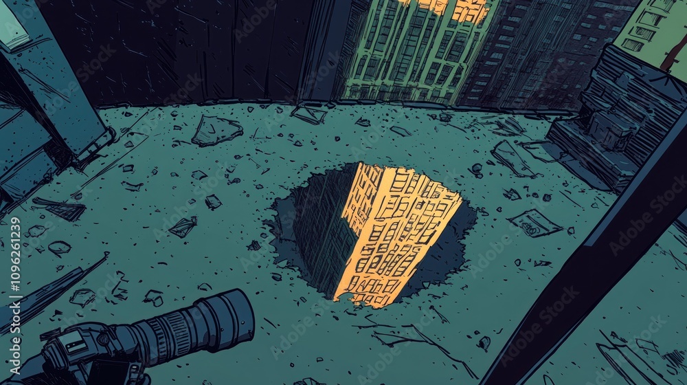 Aufkleber a surreal view of a hole in a building revealing a glowing structure below.