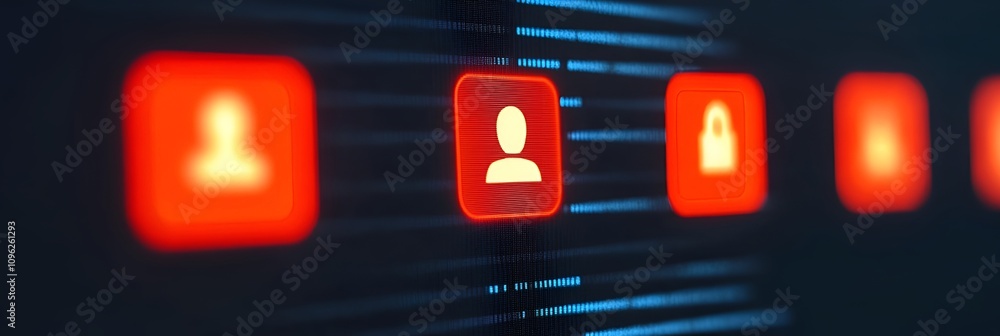 Aufkleber the image features glowing red icons representing user profiles and security, suggesting themes of d