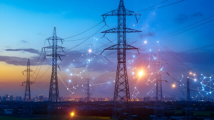Power transmission lines under a starry night sky, representing renewable energy