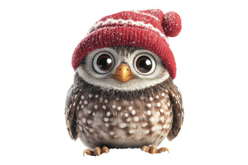 Naklejka premium Cute owl in red winter hat winter wonderland animal portrait cozy environment whimsical concept