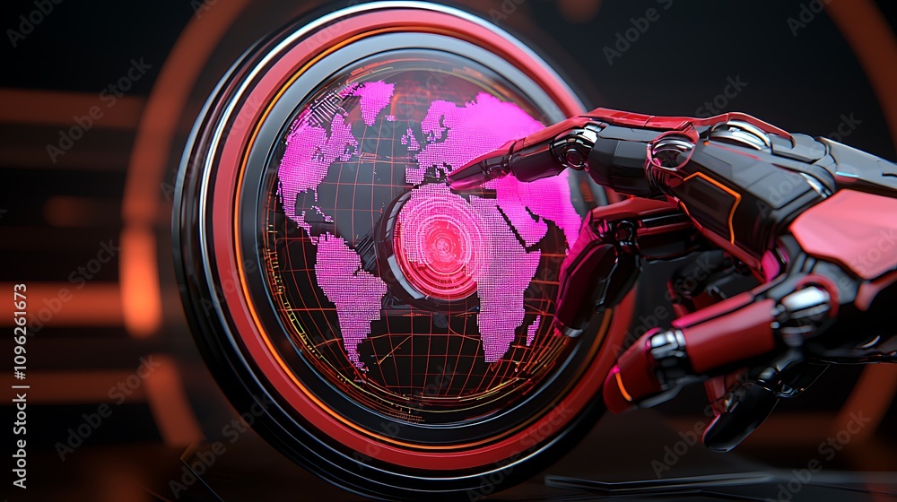 Poster futuristic robotic hand interacting with digital globe displaying global connectivity and data visua