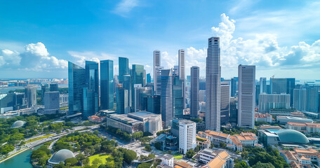 Naklejka premium Modern Skyline with High-Rise Office Buildings under Blue Sky
