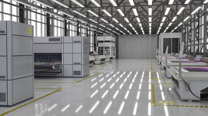 Obraz premium Production workshop with wide format flatbed UV plotters and printers. 3d illustration
