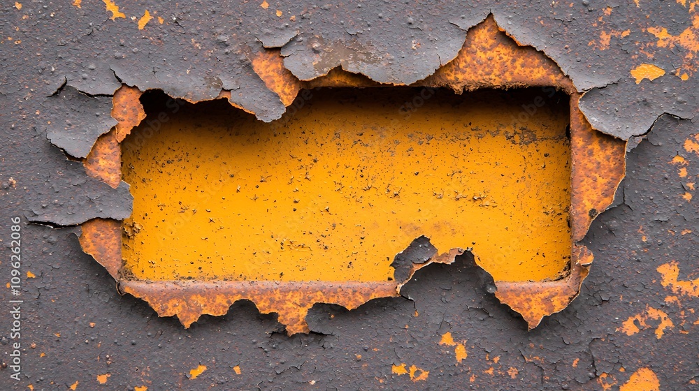 Poster close-up of rusty metallic surface with peeling paint exposing vibrant yellow layer beneath, ideal f